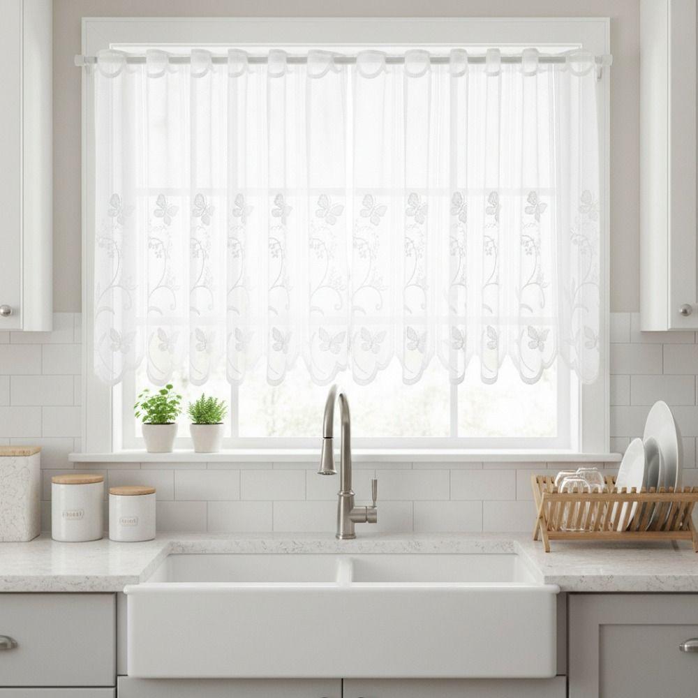 Floral Embroidery White Lace Short Window Sheer Through-shaft Type Kitchen Voile Curtain  Bookstore
