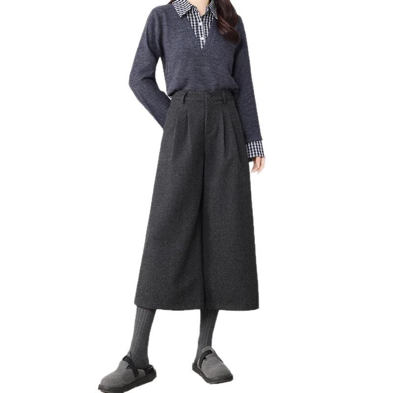 Womens Wool Blend Wide Leg Trousers High Waist Cropped Pants Winter Chic Office Casual