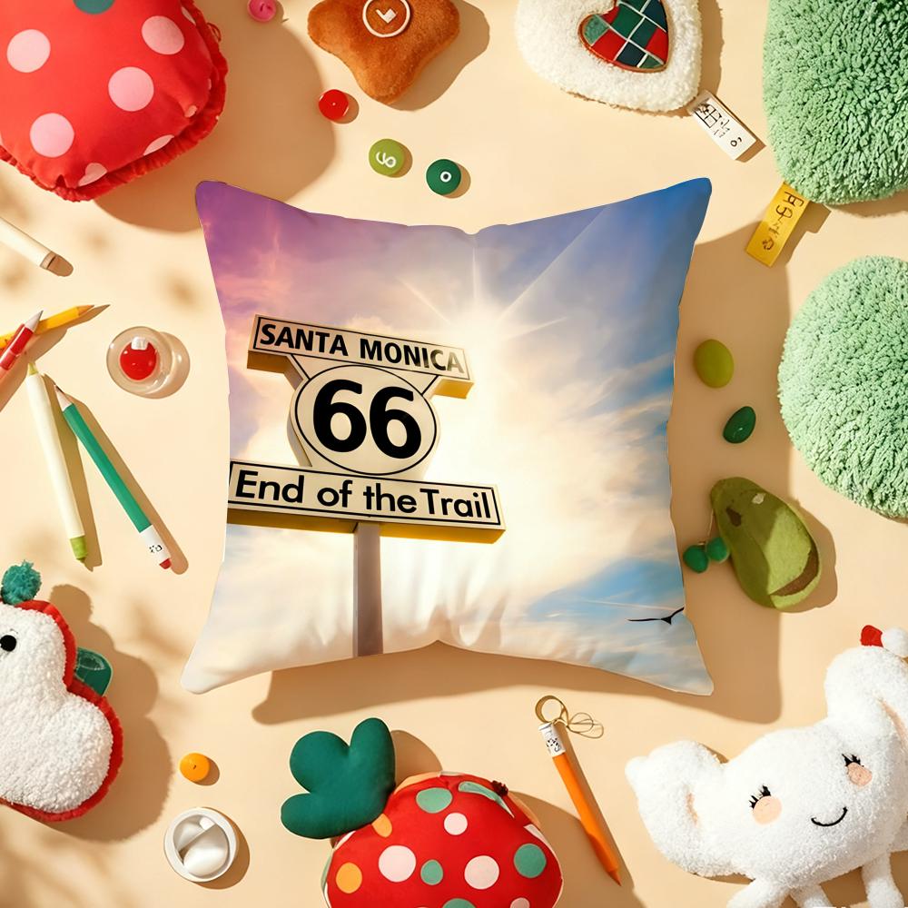 Classic Route 66 Retro Cushion Cover Plush Fabric Soft Double-Sided Printed Sofa Warm Winter Home Gift Pillow Cover
