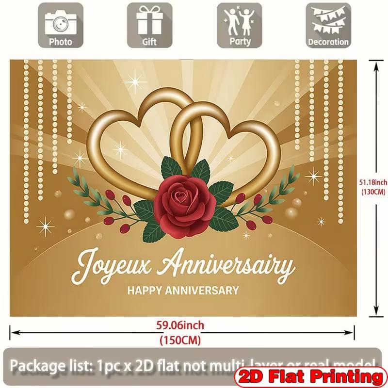 2D Gold Heart Anniversary Backdrop, Joyeux Happy Anniversary Photography Background