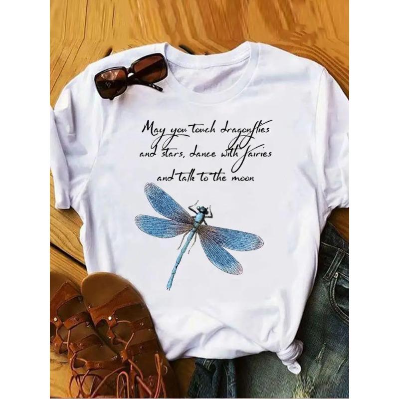 

T-shirt с акварельным изображением стрекозы, новая милая летняя одежда, женская футболка с принтом, модная, с коротким рукавом, женская, с графическим рисунком S