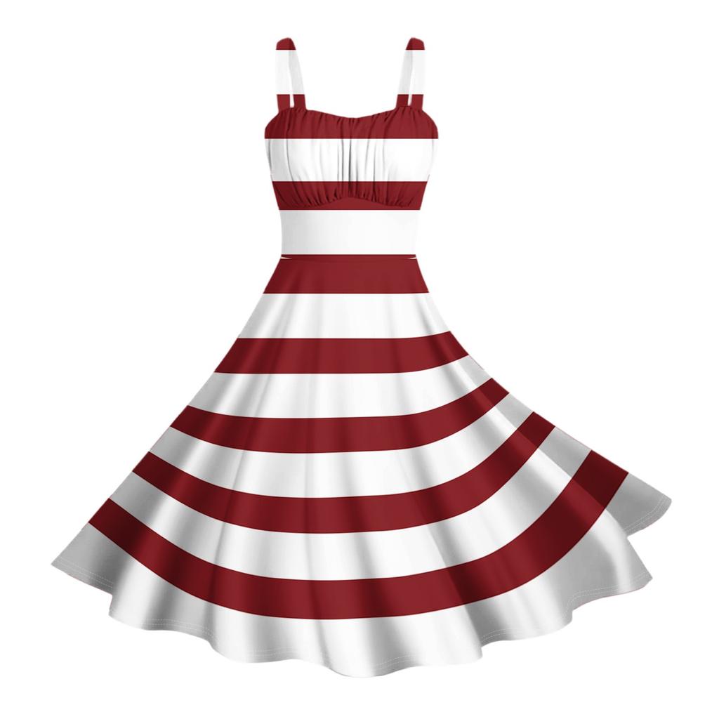 Women's Vintage Sleeveless Pleated Patchwork Cute A-Line Hem Striped Printed Dresses