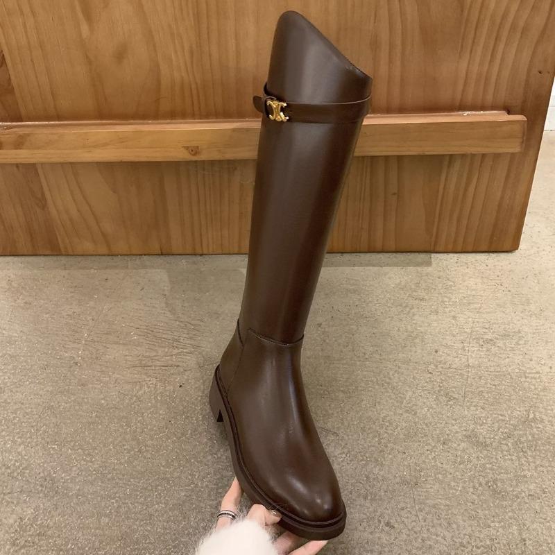 Cowhide Leather Slant Boots Buckle Thick Heel High Knight Boots Women's Boots