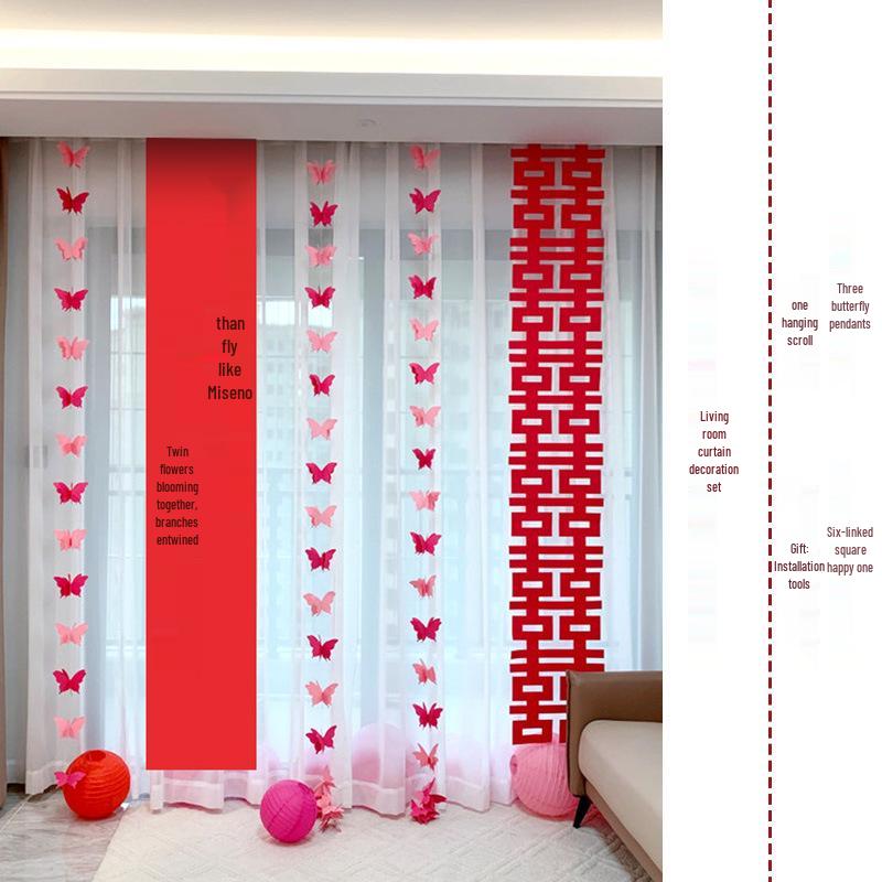 3D Butterfly Wedding Room Decoration Set: Double Happiness Curtains and Pull Flower Ornaments
