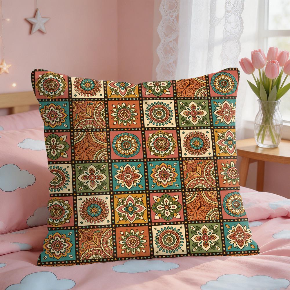 Vintage Bohemian Floral Grid Cushion Cover Short Plush Pillow Case Room Sofa Cushion Covers Home Decor Funda