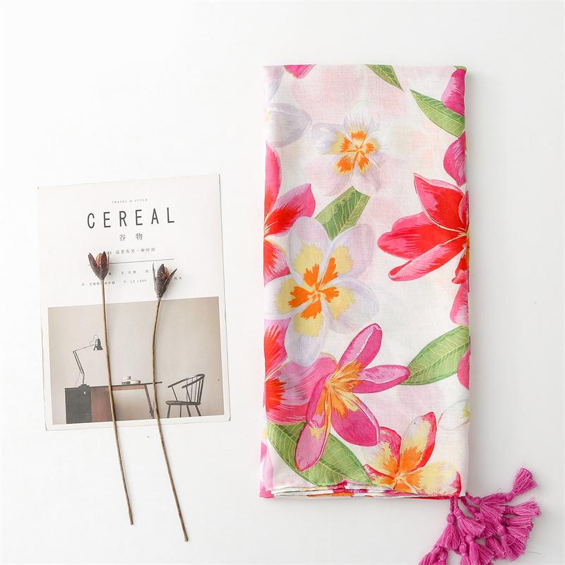 Scarf Soft Cotton And Hemp Texture Silk Scarf Women'S Hot Pot Gold Rose Pink Flower Tassel Travel Shawl