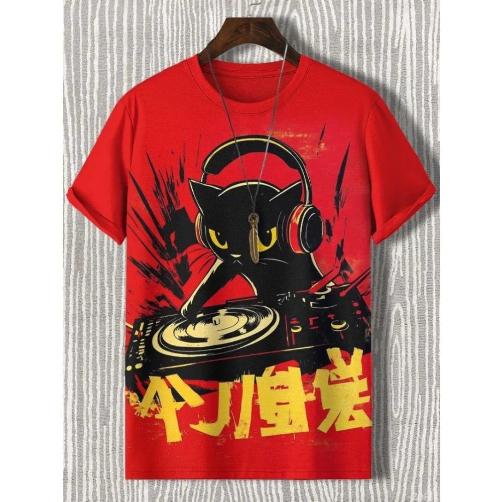 Summer New 3D Fun Cute Kitten Art Cartoon Print Loose, Fashionable and Comfortable Round Neck Short Sleeve T-shirt