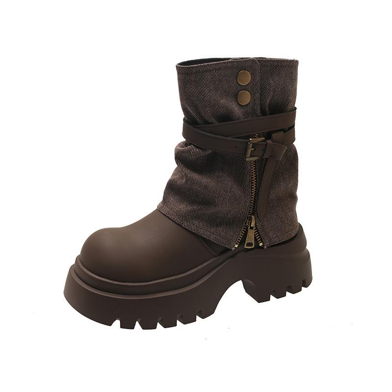 Retro British style thick-soled Martin boots women's autumn new small man taller and thinner thick-heeled knight boots