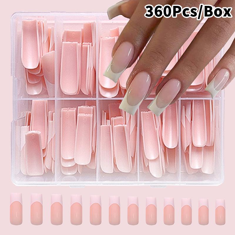 120/240/360 st/låda Glansiga Mjuka Gel Rosa Franska Manikyrspetsar Medium Mandel Vita Enkla Press-On Naglar Stor Kapacitet Låtsasnaglar