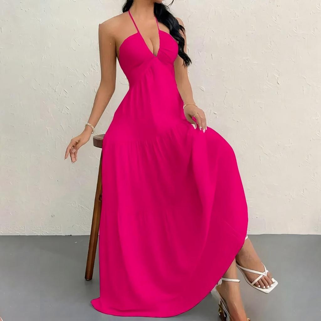 Maxi Abito da Donna Senza Maniche con Scollo all'Americana Schiena Scoperta con Lacci Estivo da Spiaggia Casual Lungo per Vacanze e Tempo Libero