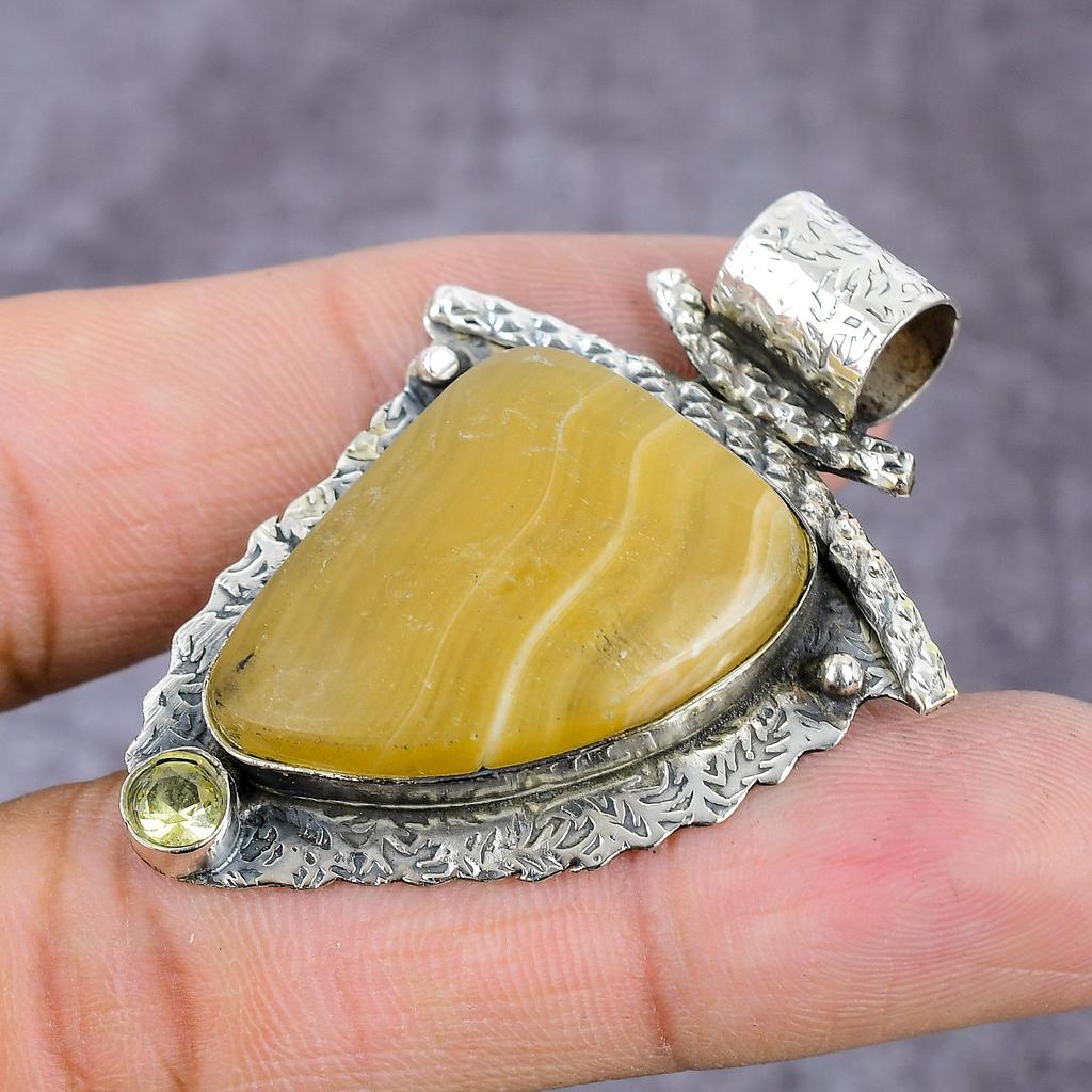Natural Fluorite, Citrine Gemstone 925 Sterling Silver Pendant 2.17" ET-1416