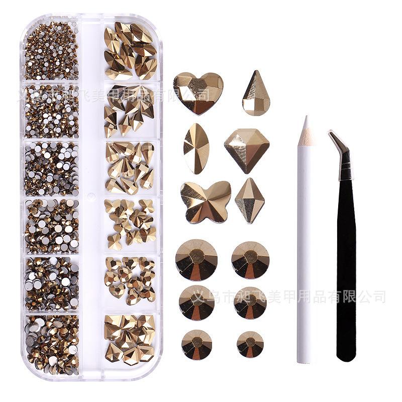Nagelkonst Smycken 12-Fack Förpackad Glas Strass Nagelkonst Diamant Specialformad Diamant Nagelkonst Smycken Blandad