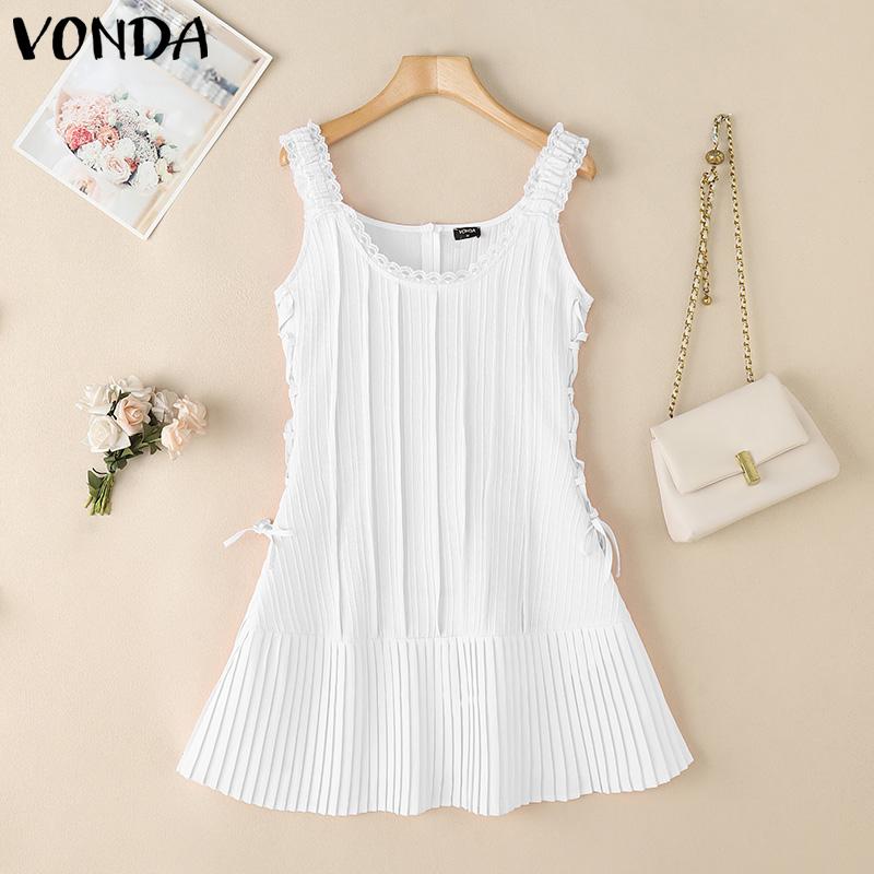 

VONDA Women Girls Sleeveless Lace Hem Ruffled Slim Waist Patchwork Mini Dress 4XL белый