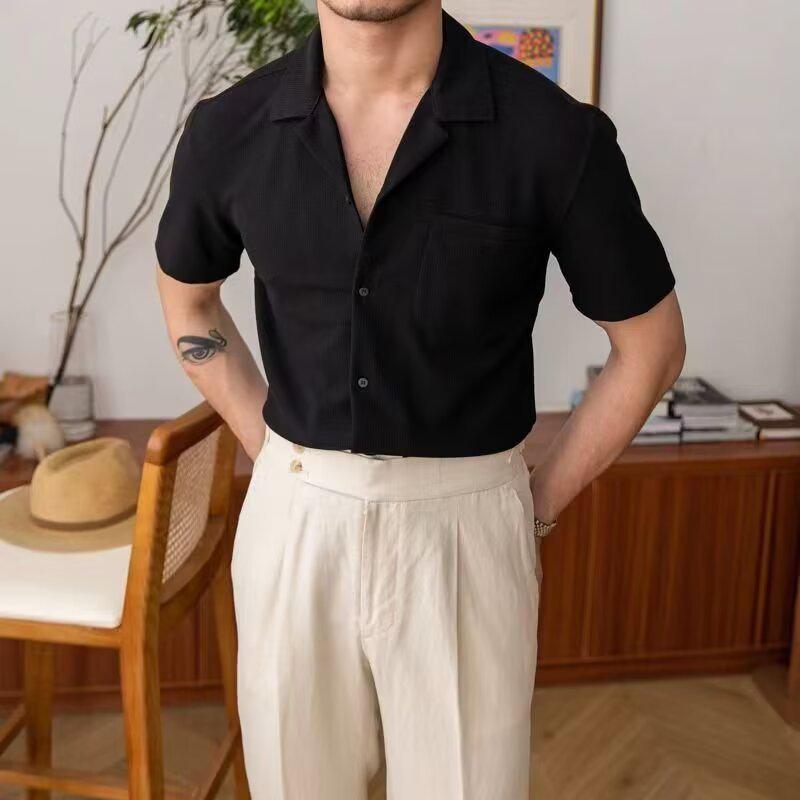 Camisa de praia retrô de manga curta com gola cubana de linho de verão – respirável, cor sólida, tendência de caimento solto.