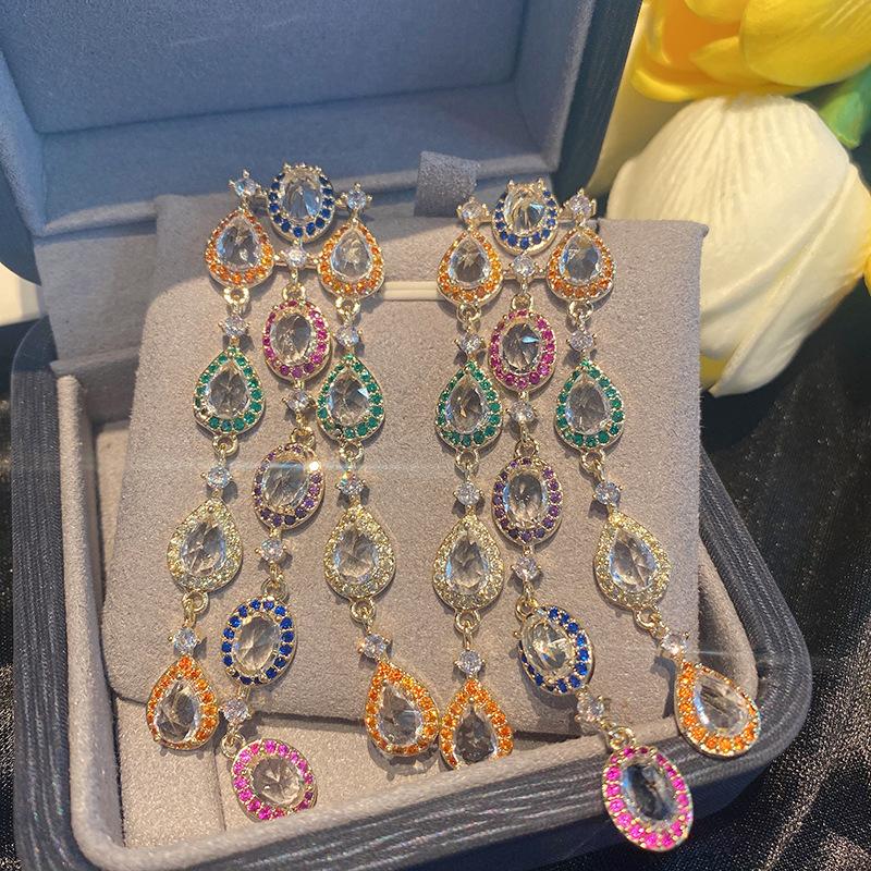 925 Silver Needle Stud Earrings Boho Beads Multicolored Cubic Zirconia Sparkling Earrings Long Dress Wedding Accessories Gifts