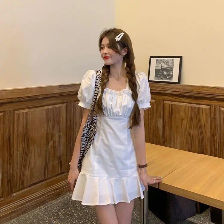 Fashion Elegant Women A-Line Dress Summer Mini Sundress Short Sleeve Casual Solid Color Robe Ruffled Beach Vestidos