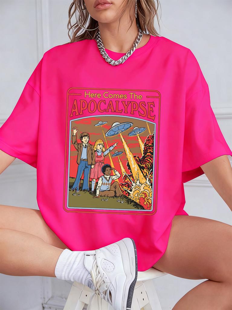 Here Comes The Apocalypse Ufo Prints TShirts Womens Summer Cotton Short Sleeve Tops Loose ONeck Soft T Shirt Street Clothes