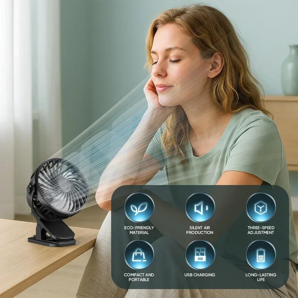 USB Plug-in Use Mini Clipped Fan 360° Rotation 2-speed Wind Desktop Ventilator Silent Air Conditioner for Bedroom Office Amagi