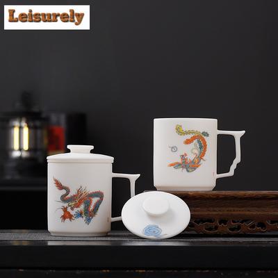 350ml Hand-painted Biscuit Firing Mutton Fat Jade Porcelain Filter Tea Separator Cup Tea Mug With Infuser Tea Brewing Water Cup