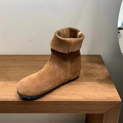 Women's Thick Heels Faux Suede Ankle Boots Female Flat Khaki Slip On Western Boots Woman Autumn Retro Short Botas Mujer