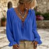 Women's Casual Solid-color Lace-trimmed Ruffled V-neck Bow-front Long-sleeve Blouse