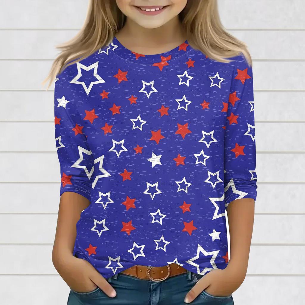 Print Tops For Youth Girls 3-10 Years Round Neck 3/4 Sleeves T-Shirts Trendy Tops Outfit Tees