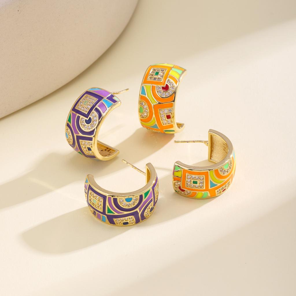 Nidin Vintage Colorful Enamel Geometric C Shape Stud Earrings For Women Inlaid Zircon Bohemian Ethnic Style Ear Jewelry Gifts