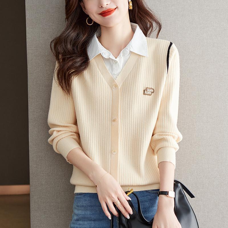 

Женские поддельные два модных весенних и осенних свободных трикотажных топа с длинными рукавами one size слоновая кость