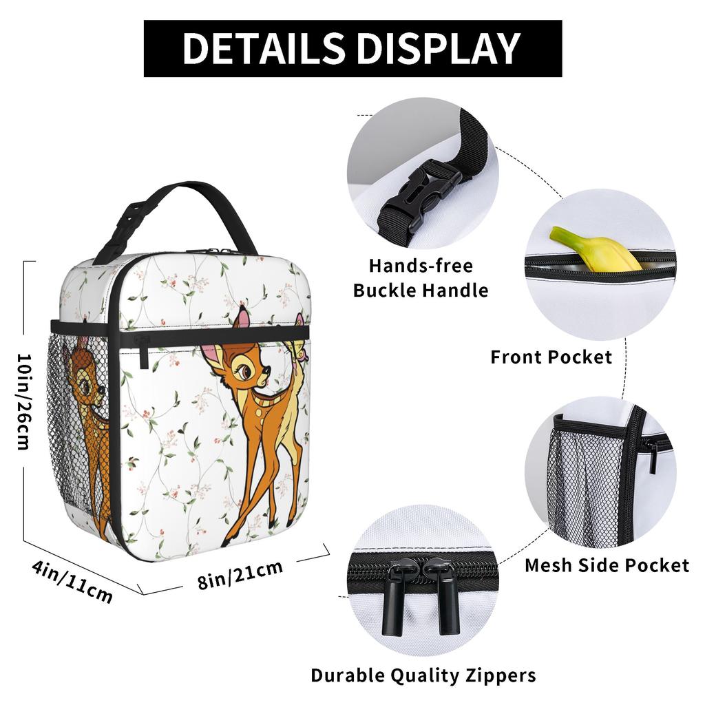 Bambis Cartoon Deer Insulated Lunch Bags Portable Reusable Cooler Bag Tote Lunch Box College Outdoor Food Bag