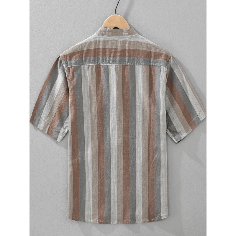 Japanese-Style Vintage Pullover Lyocell Ice Silk Color-Blocked Linen Striped Loose Stand-Collar Short-Sleeve Men's Shirt