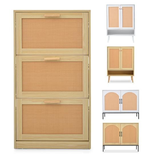 Shoe Cabinet with 2 Rattan Doors and 5 Shelves, Hallway Shoe Cabinet with Wood Handles and Solid Wood Legs