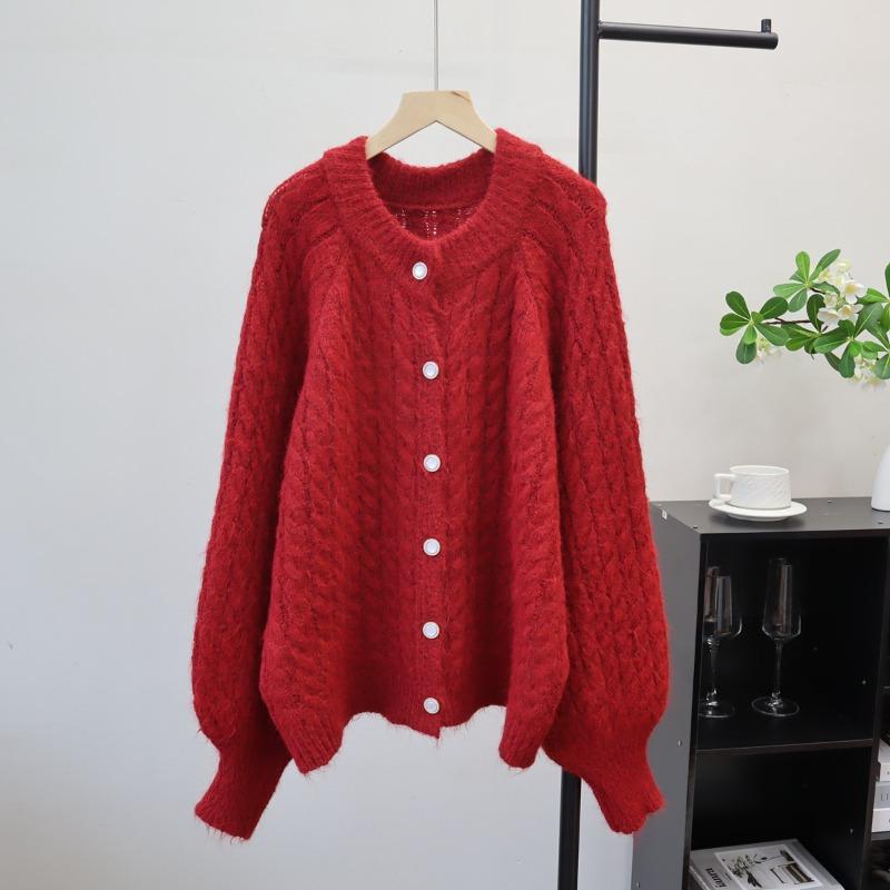 

Свободная и нежная ветровка из мягкого воскового свитера, новая осень-зима, вязаный кардиган с круглым вырезом и ленивым узором «косы» average size красный