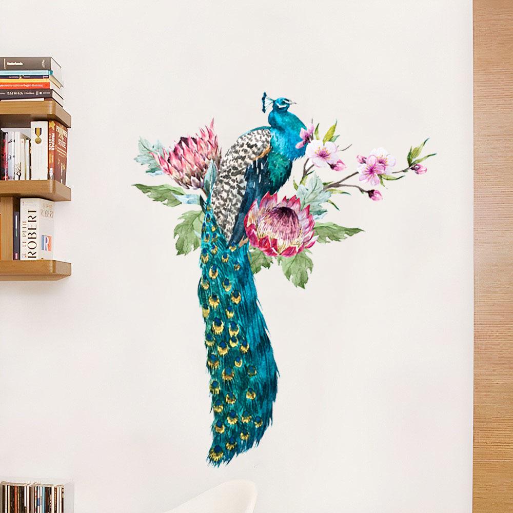 Peacock on Branch Removable Wall Sticker for Living Room or TV Background Decoration