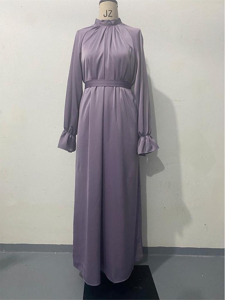 2023 Autumn Solid Color Satin Long-Sleeve Loose Dress with Belt for Women