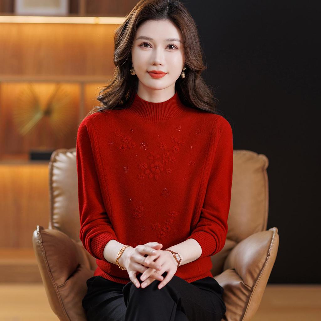Red Embroidered Lambswool Sweater for Middle-Aged & Elderly Women: Half-High Collar, Thick Knit