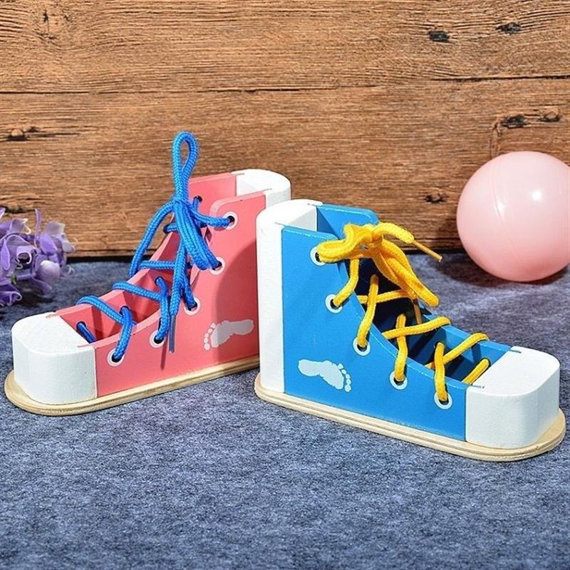 Montessori Wooden Lacing Shoes Educational Toy for Children