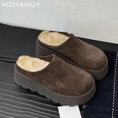 Fashion Women Suede Flats Cotton Slippers Platform Mules Shoes Woman 2025 Trend Fashion Winter Warm Casual Walking Snow Boots Flip Flops