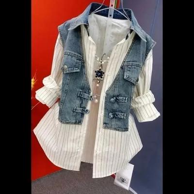 Spring Summer Fashion Striped Fake Two Denim Shirts Women's Design Sense Stitching Women Jackets Temperament Denim Coat Top