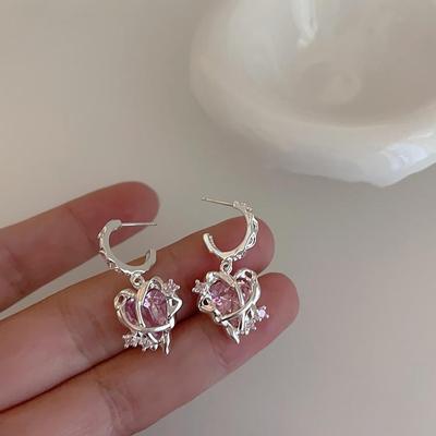 Women's 925 Silver Pink Cubic Heart Drop Earrings