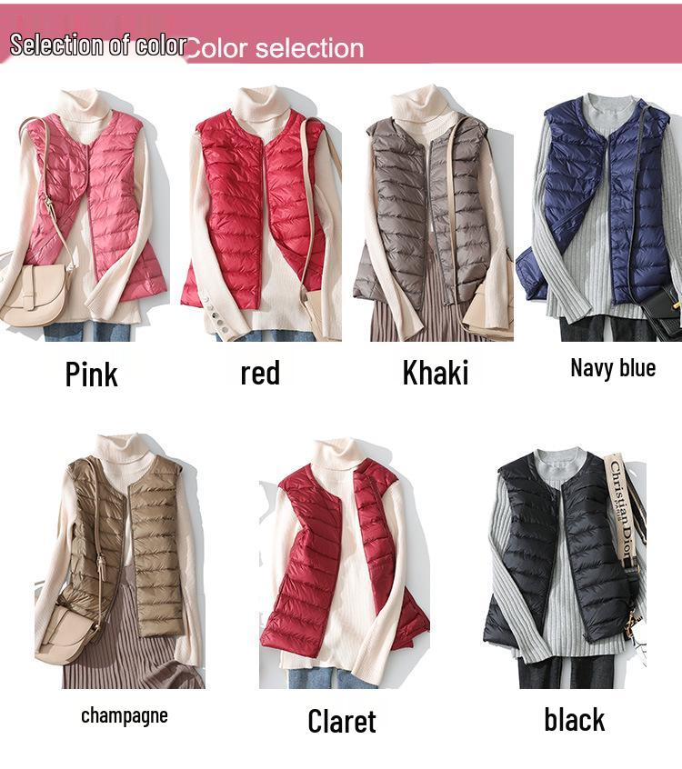 Women's Lightweight Sleeveless Down Vest: Short Round Neck, Autumn/Winter, Plus Size.