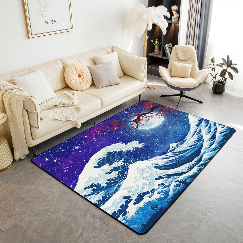 Japanese Ukiyo-e Great Wave Crane & Cherry Blossom Print Area Rug, Non-Slip Floor Mat for Living Room Bedroom Home Decor Carpet
