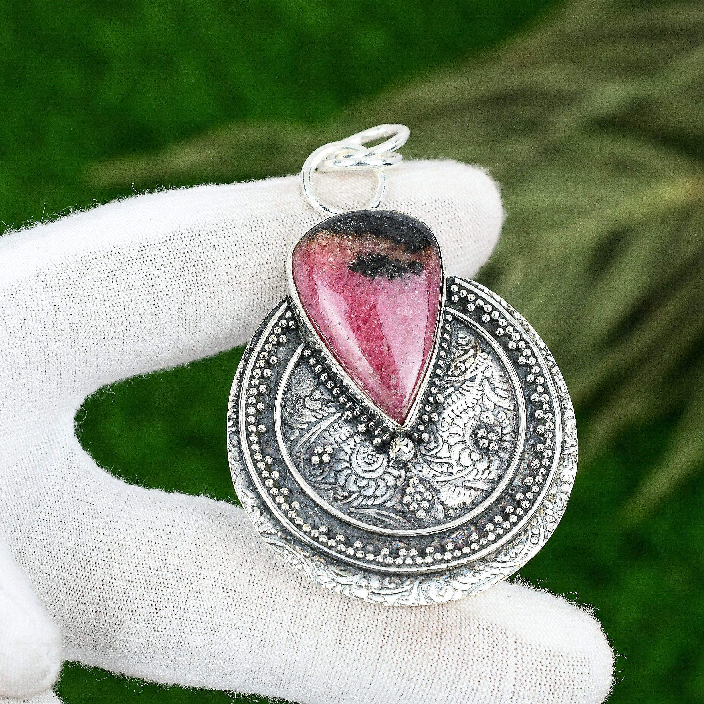 Memorial Day Sale 925 Sterling Silver Pear Rhodonite Stone Wife Pendant Jewelry