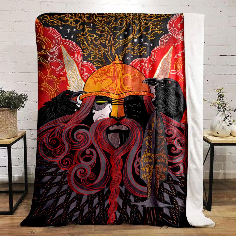 Intricate Viking-inspired figure with a golden helmet, ravens, and swirls. for all seasons blanket lunch break throw gift
