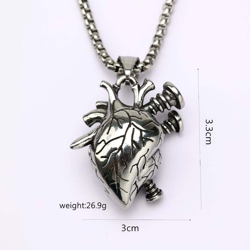 Vintage Stainless Steel Men's Screw Heart Pendant Gothic Punk Necklace