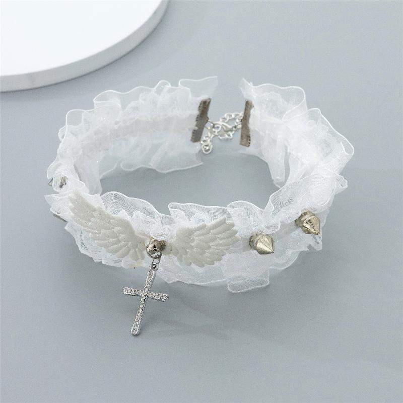 Fashion Solid Color Women Girls Necklace Wide Lace Rivets Lolita Lace Choker Y2K Angel Wings Cool Leather Necklace