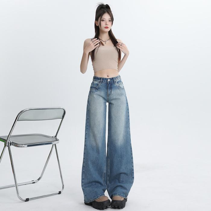 Summer Vintage Washed Relaxed Straight Drape Floor Wide Leg All Match Denim Pants For Ladies Casual Pants Oversize Denim Trousers