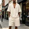 Conjunto Deportivo Casual para Hombre: Conjunto de Dos Piezas de Camiseta de Punto de Color Sólido con Cuello en V Profundo y Pantalones Cortos de Verano