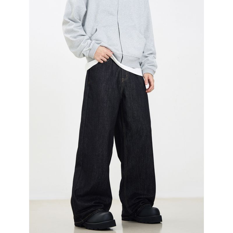 Kisko American Retro Washed Basic Cleanfit Black Jeans Unisex Loose Straight Versatile Pants