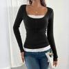 Women's Fashionable Round Neck Patchwork Lace Button Slim Fit Long Sleeved Pullover Top