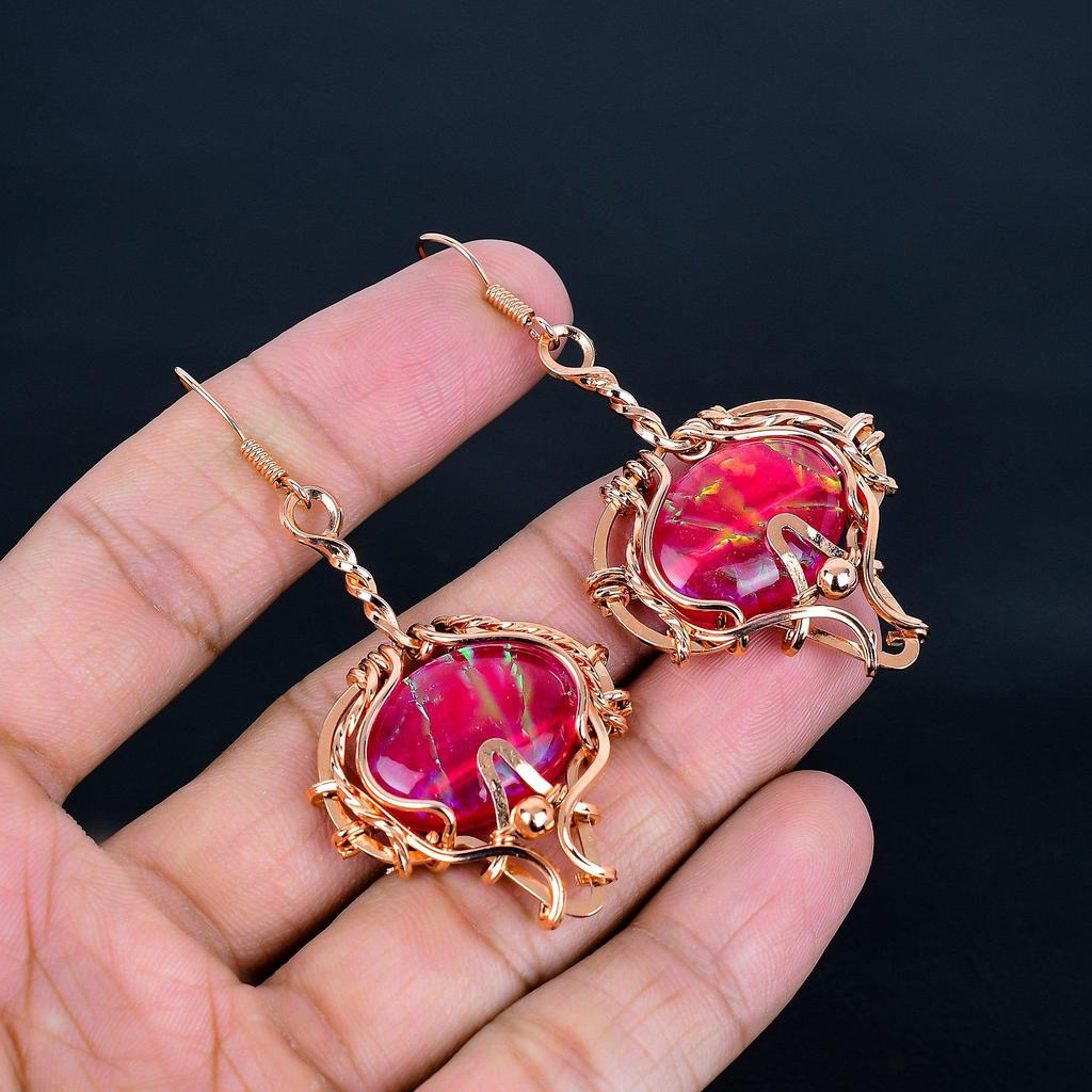 Pink Australian Triplet Opal 999 Copper Wire Wrapped Earrings, Handmade Gemstone Jewelry Earrings For Memorial Day